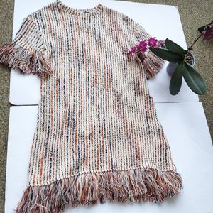 Zara cream orange blue stripe tunic fringe small